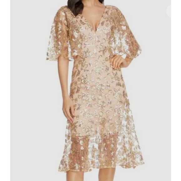 Dress The Population Dresses & Skirts - Dress The Population Women's Beige Short Sleeve Sequin Midi Dress Size S